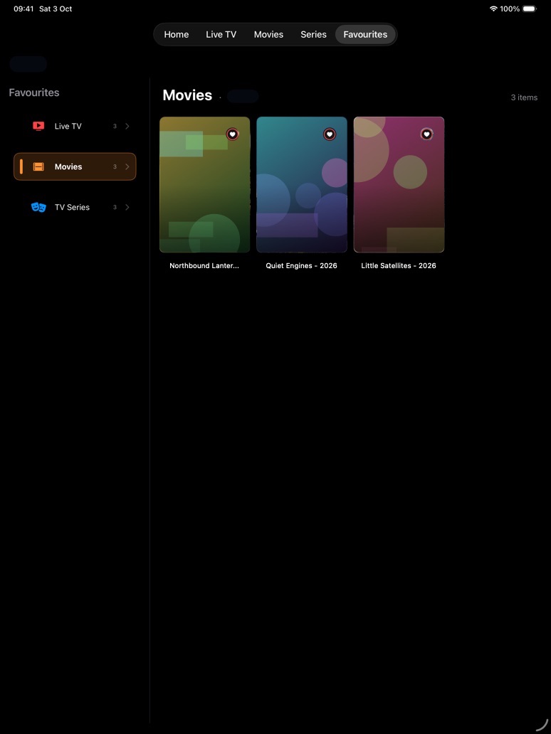 iPad Favourites with Movies selected and three favourite movie posters.