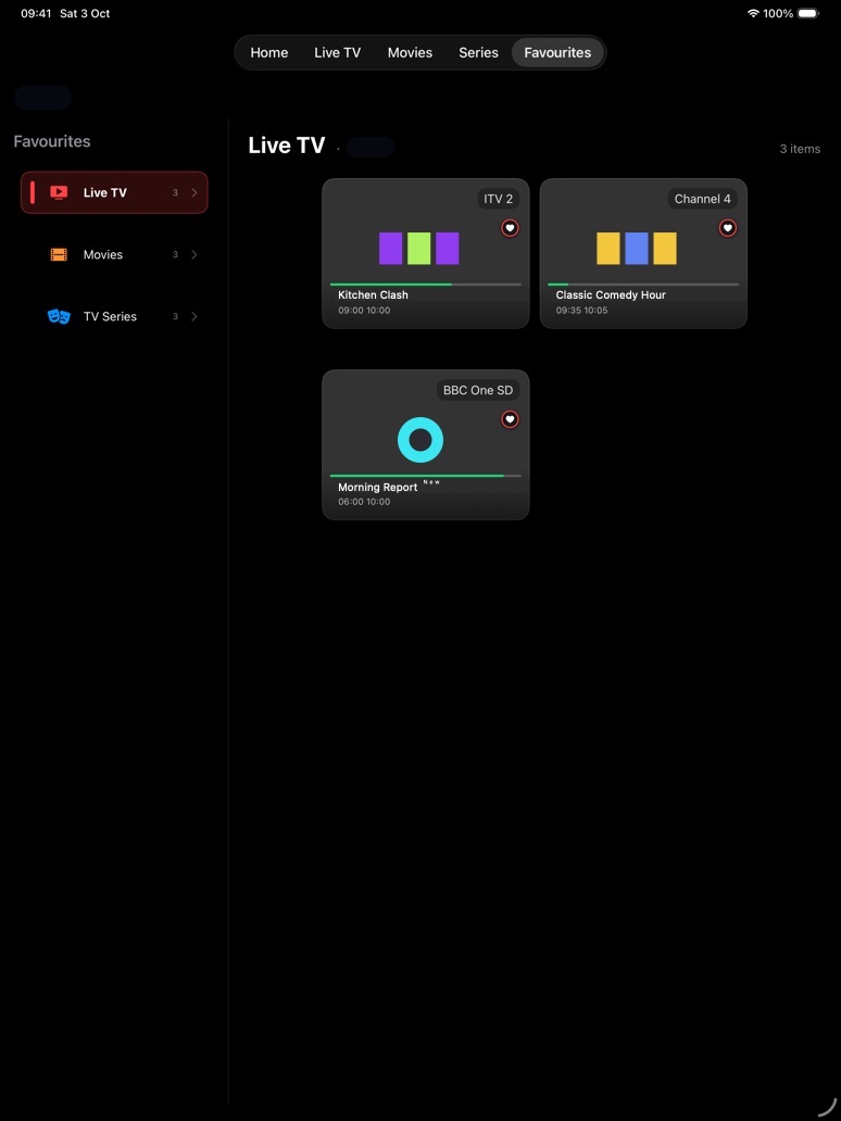 iPad Favourites with the Live TV sidebar item selected and three favourite channels showing what is on now.