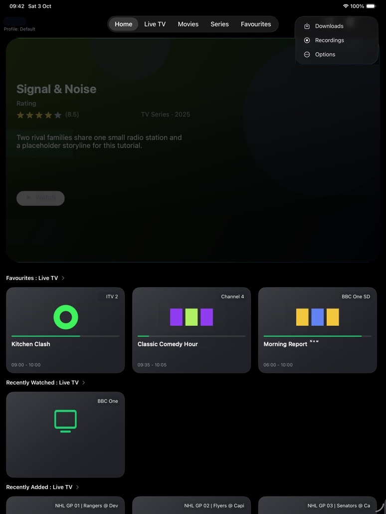 iPad Home with the More menu open showing Downloads, Recordings, and Options.