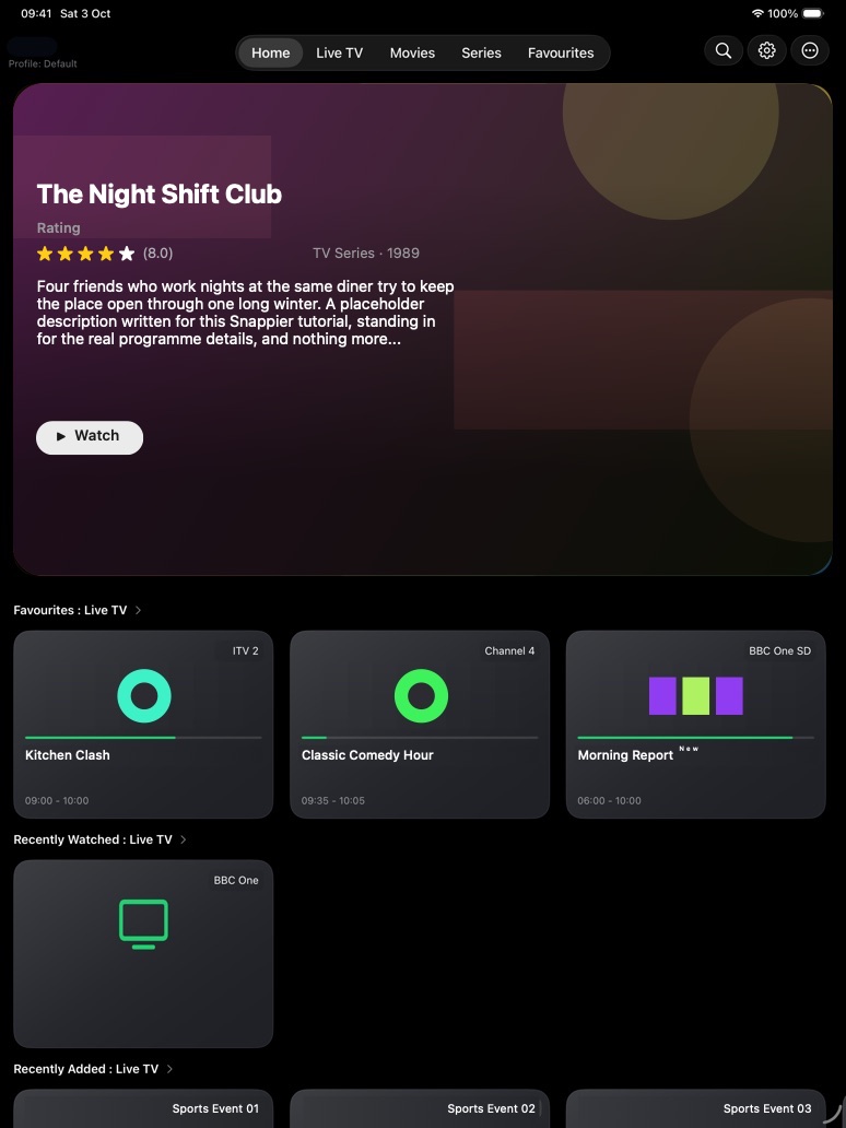Snappier IPTV Home screen on iPad with the tab bar at the top, Search, Settings and More buttons, a featured title, and content rows.