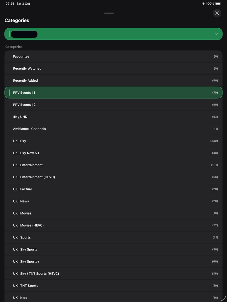 iPad Categories sheet with a playlist picker and categories with channel counts.
