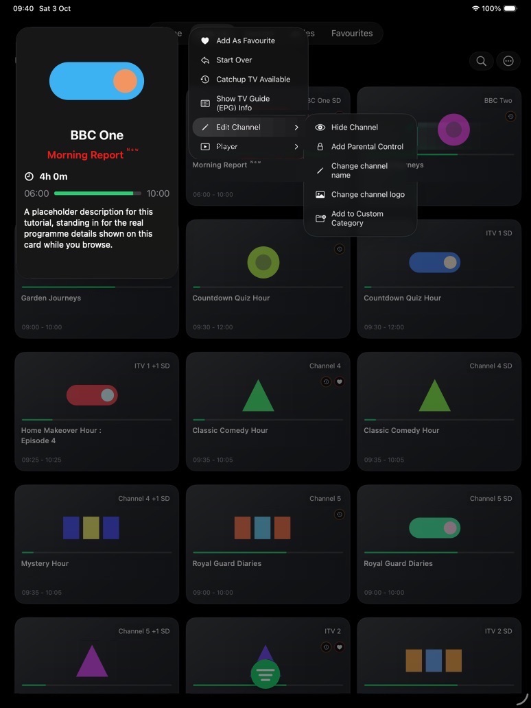 Edit Channel submenu with Hide Channel, Add Parental Control, Change channel name, Change channel logo, and Add to Custom Category.