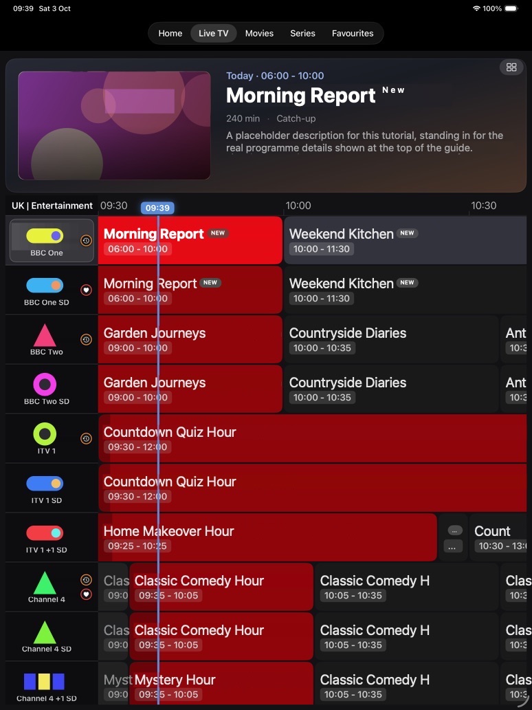 iPad EPG View with the selected programme at the top and a programme grid with a current-time line.