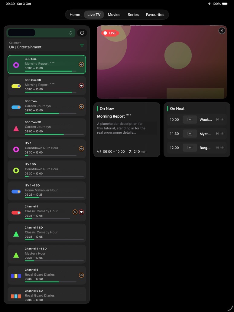 iPad Hub View with a channel list on the left, a live preview, and On Now and On Next cards.