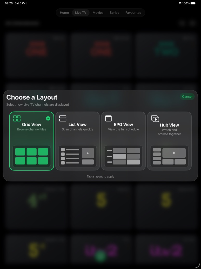 Choose a Layout panel with Grid View, List View, EPG View, and Hub View.