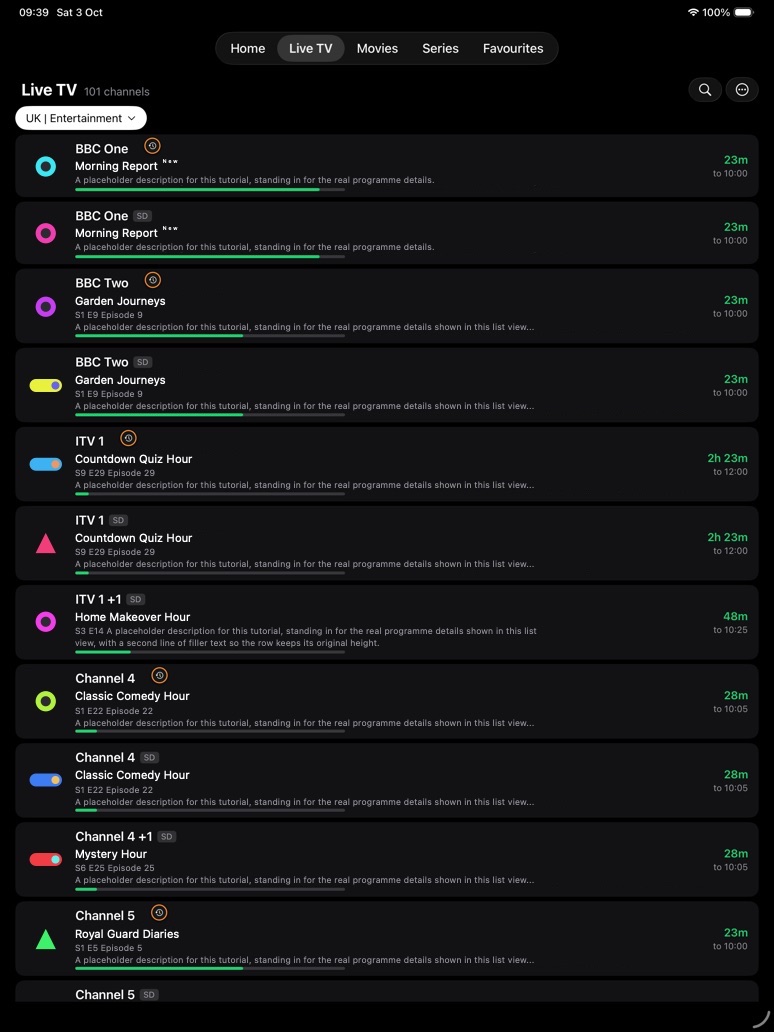 iPad Live TV List View with a channel count, category button, and channel rows with play buttons.