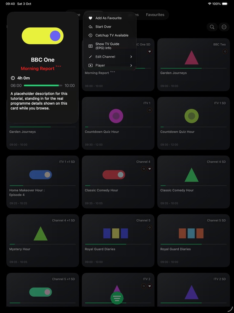 Long-press menu on an iPad channel tile with Add As Favourite, Start Over, Catchup TV Available, Show TV Guide (EPG) Info, Edit Channel, and Player.