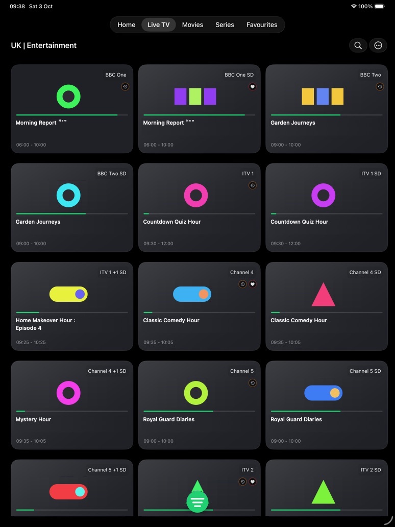 iPad Live TV grid with three columns of channel tiles and the green categories button.