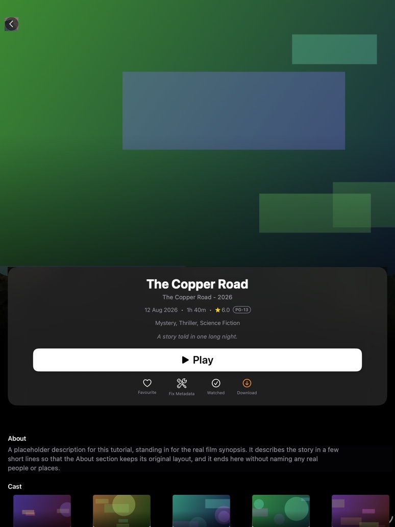 iPad movie details with title, date, running time, rating, genres, Play, and Favourite, Fix Metadata, Watched, and Download.