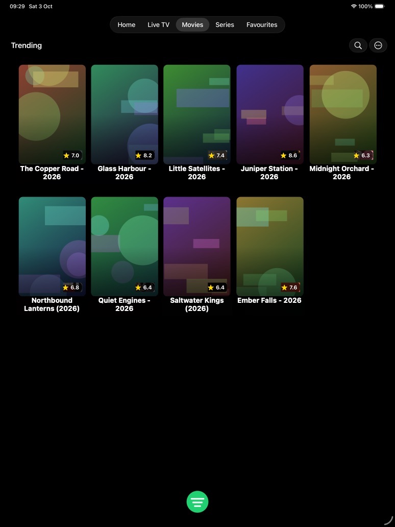 iPad Movies grid with five posters per row and rating badges.