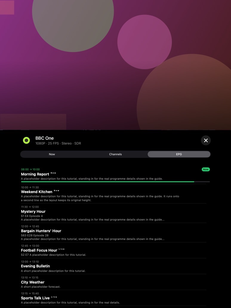 iPad player EPG tab listing the channel's programmes with times and descriptions.