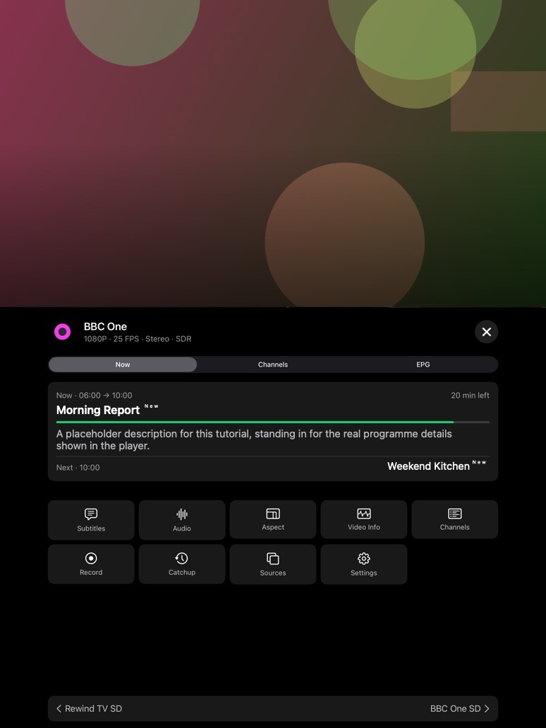 iPad player with video at the top, the Now tab showing the current programme, time left and next programme, and control tiles.