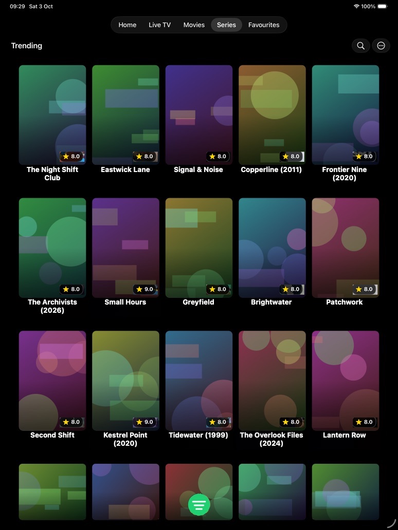 iPad Series poster grid with rating badges.