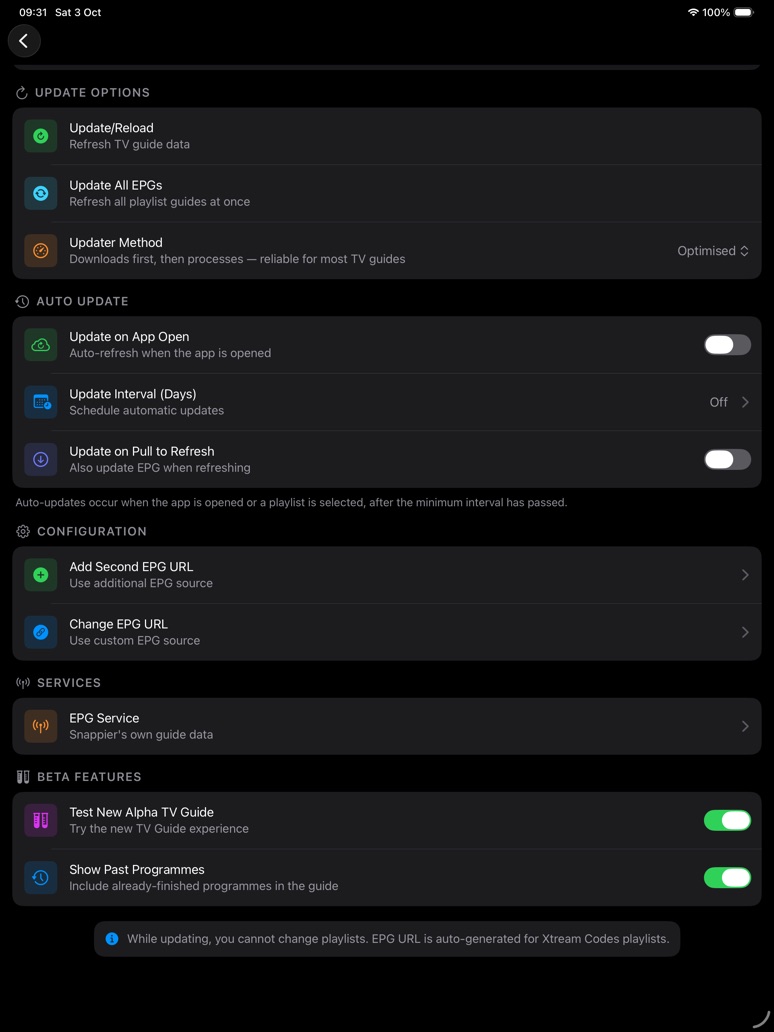 iPad TV Guide settings with update options, auto update, configuration, services, and beta features.