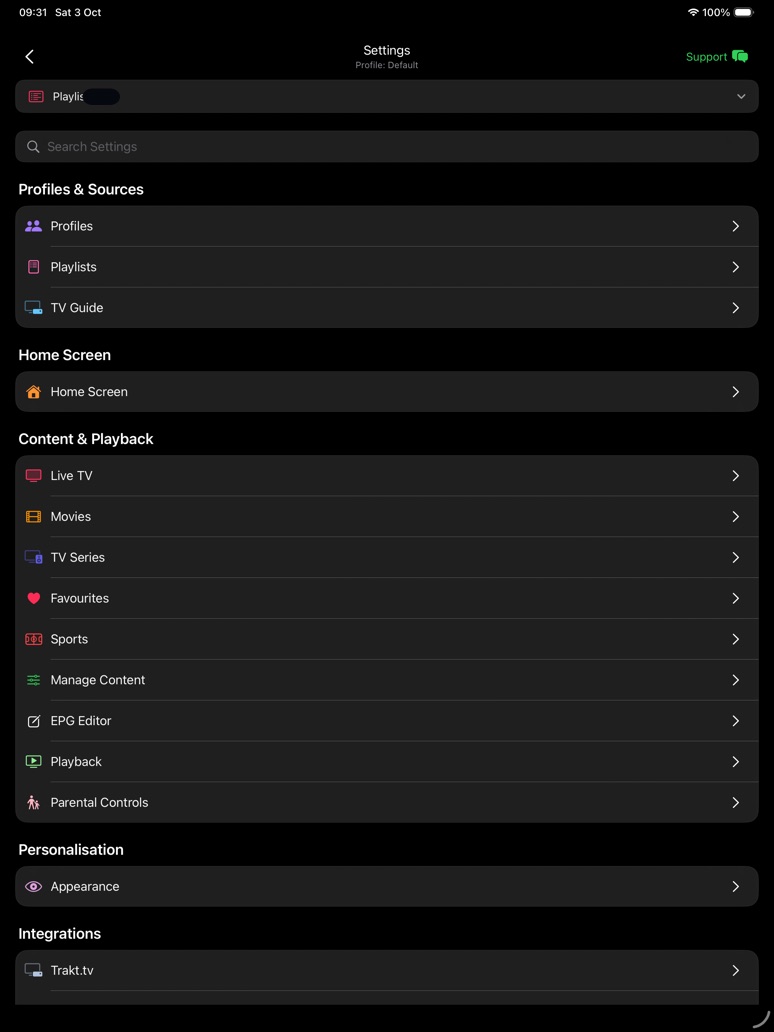 iPad Settings with playlist switcher, search, and grouped rows.