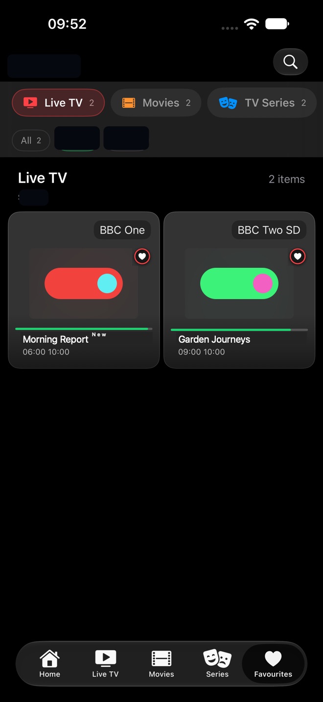 Favourites with Live TV selected, playlist filter chips, and two favourite channels showing what is on now.