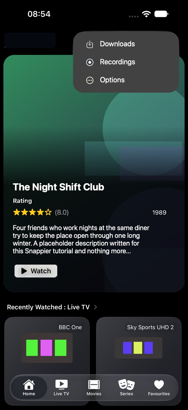 Home screen with the More menu open showing Downloads, Recordings, and Options.