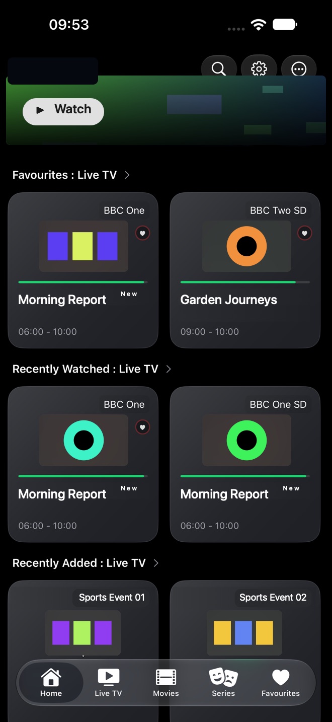 Home rows for Favourites: Live TV and Recently Watched: Live TV, with each tile showing what is on now.