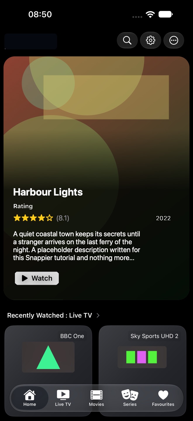 Snappier IPTV Home screen on iPhone with Search, Settings and More buttons at the top, a featured title, and the tab bar at the bottom.