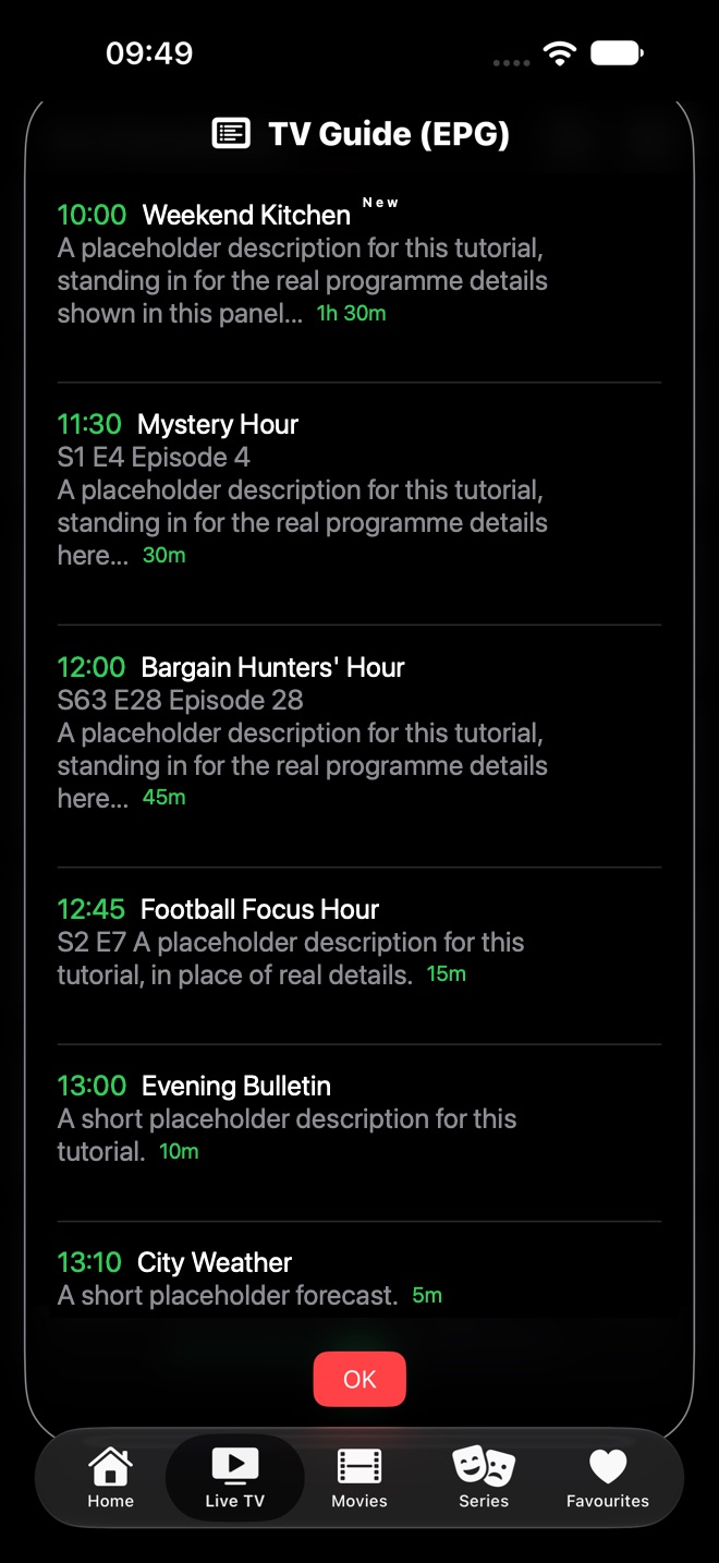 TV Guide (EPG) list of upcoming programmes for a channel with times, descriptions, and lengths.