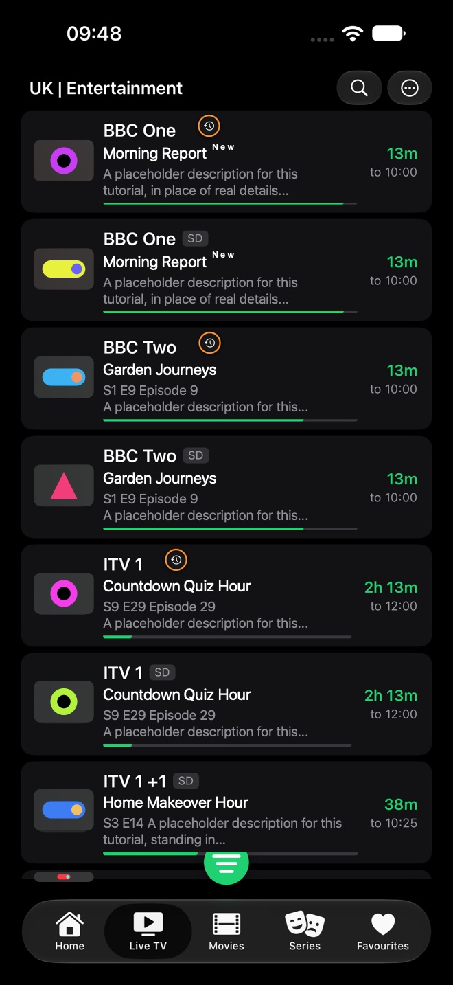 Live TV List View with catch-up clock icons, SD tags, programme titles and descriptions, progress bars, and time left.