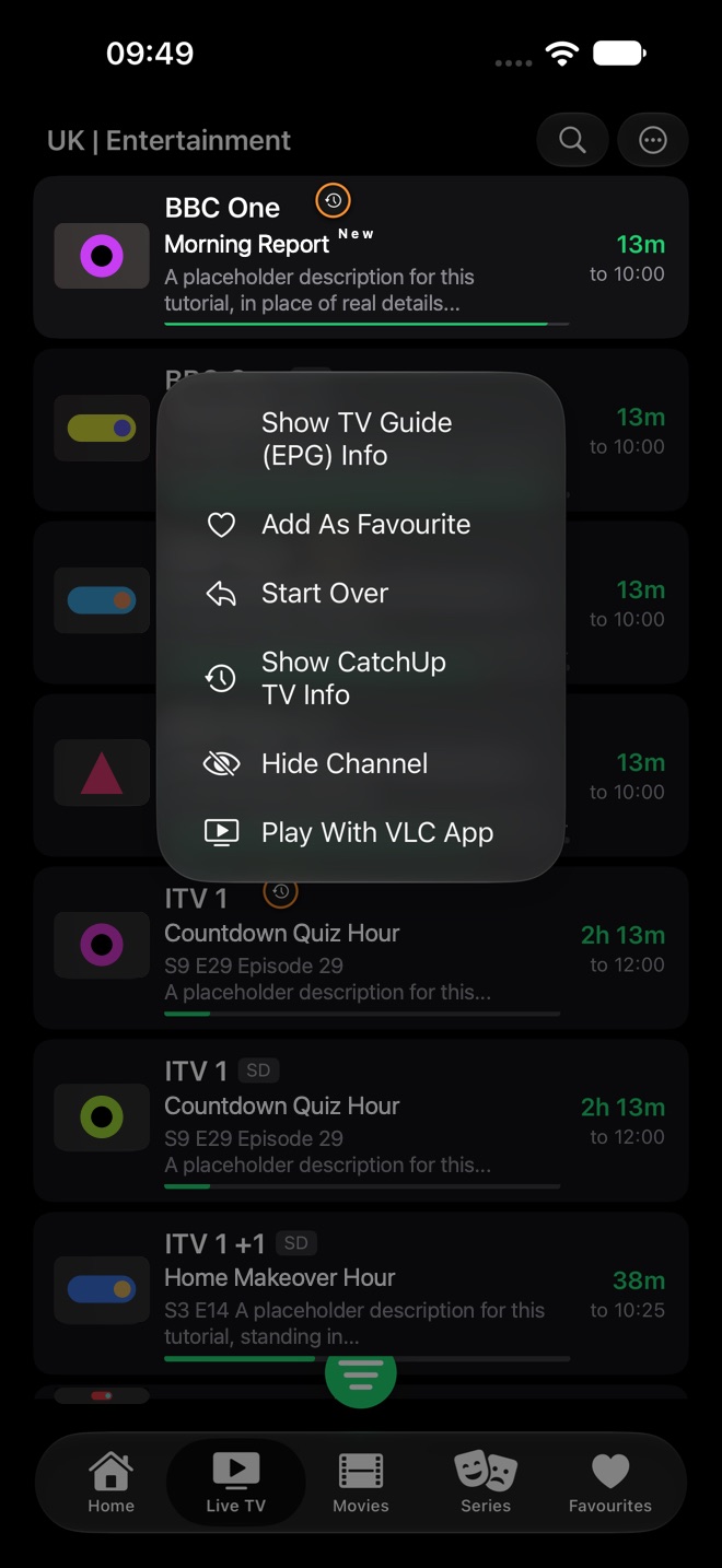 Long-press menu on a channel with Show TV Guide (EPG) Info, Add As Favourite, Start Over, Show CatchUp TV Info, Hide Channel, and Play With VLC App.