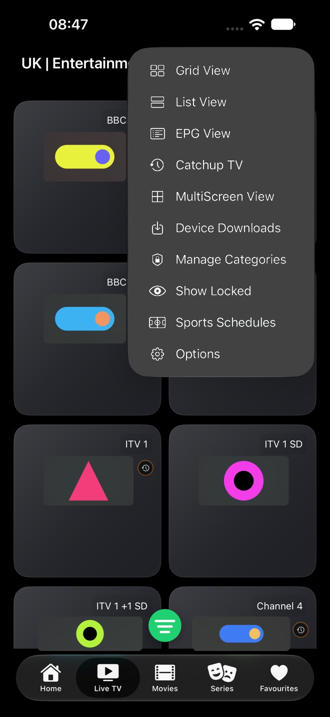 Live TV More menu with view options, Catchup TV, MultiScreen View, downloads, category management, Show Locked, Sports Schedules, and Options.