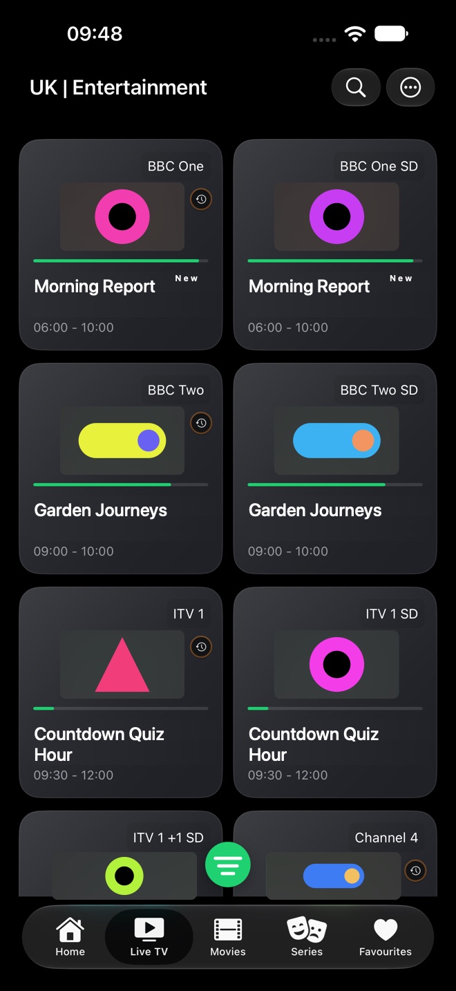 Live TV channel grid on iPhone with the category name at the top and the green categories button.