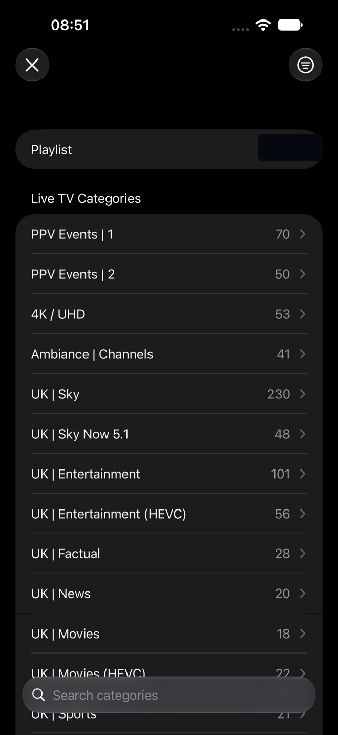 Manage Content showing Live TV categories with counts and a search field.