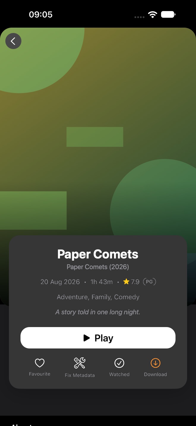 Movie details with title, date, running time, rating, genres, Play button, and Favourite, Fix Metadata, Watched, and Download.