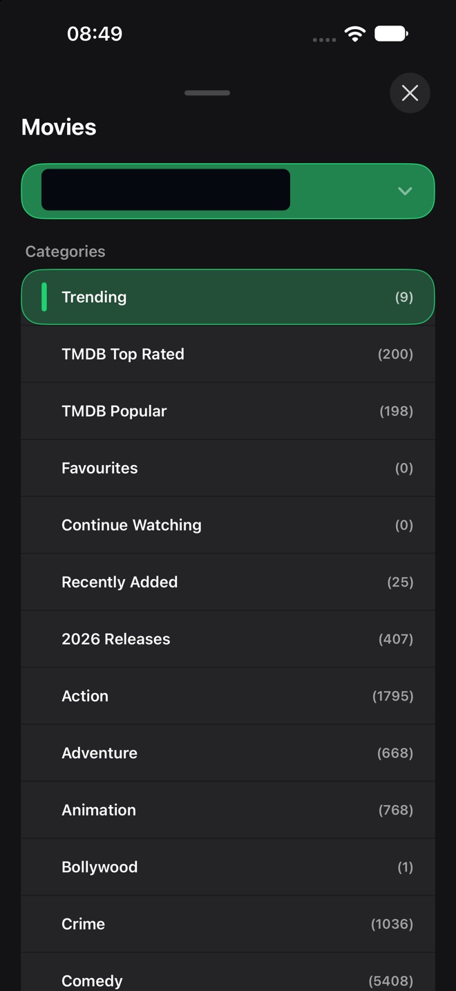 Movies categories list with a redacted playlist picker at the top and category counts.