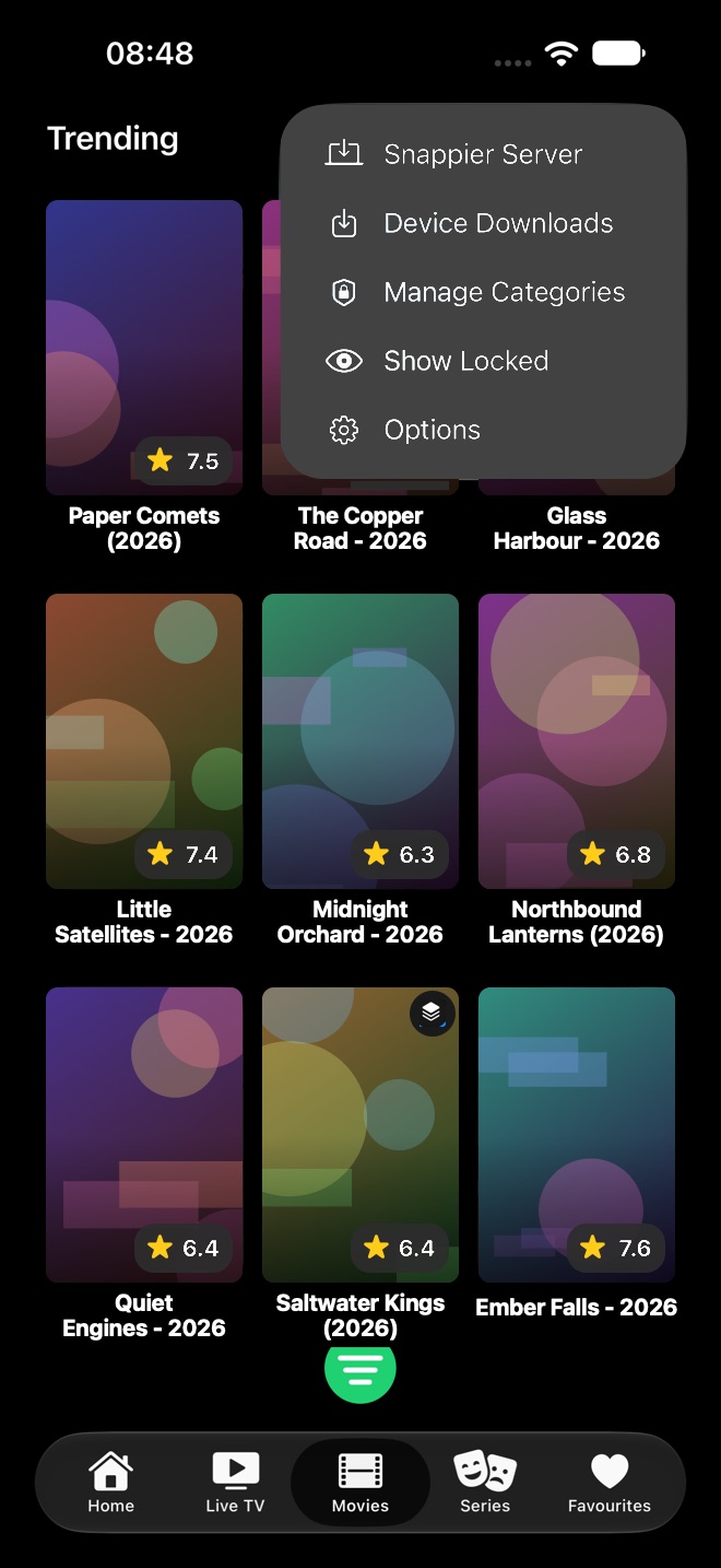 Movies More menu with Snappier Server, Device Downloads, Manage Categories, Show Locked, and Options.