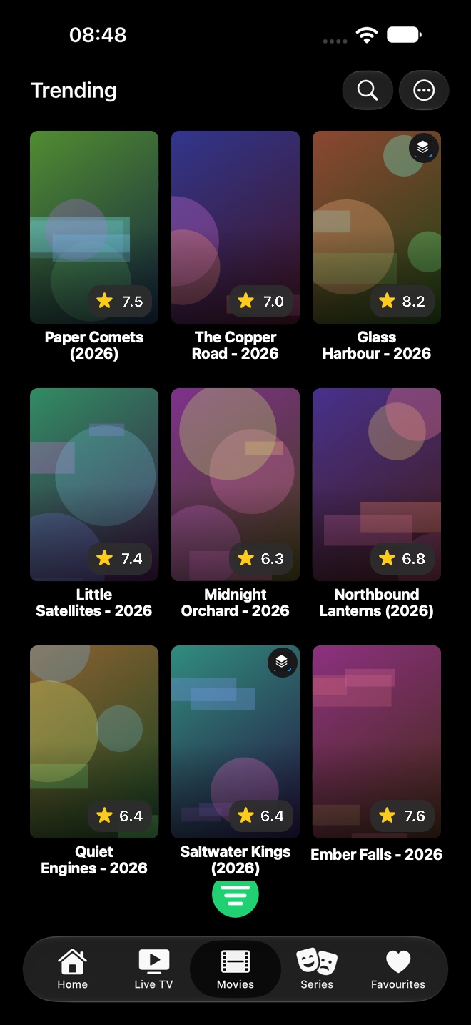 Movies poster grid on iPhone with the Trending category selected.