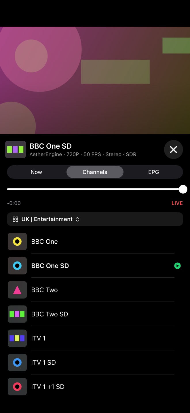 Portrait player Channels tab with a live seek bar, category picker, and channel list.