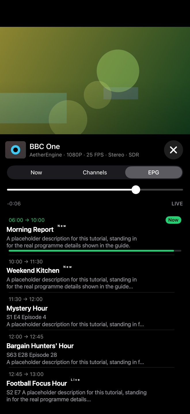 Portrait player EPG tab listing upcoming programmes with times and descriptions.