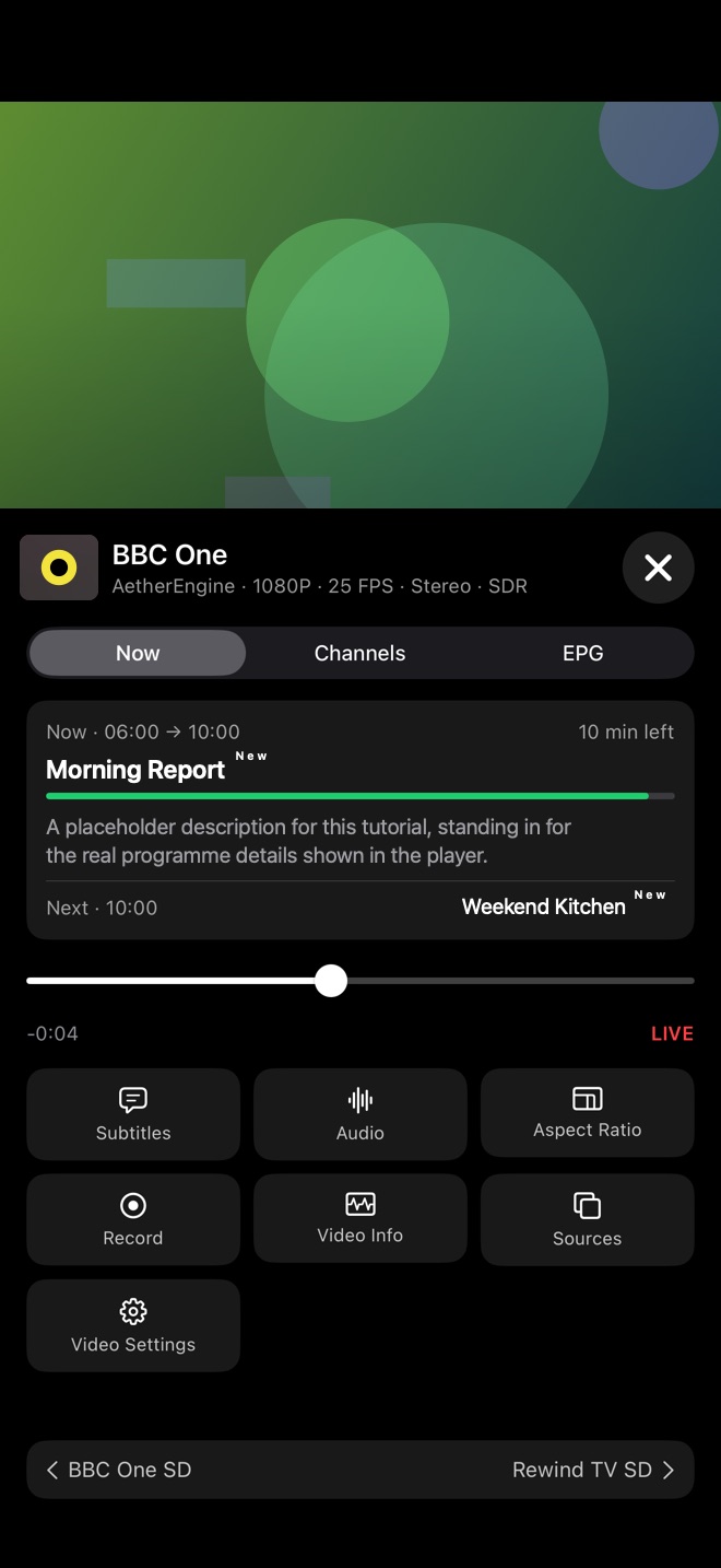 Portrait player with the Now tab showing the current programme, time left and next programme, a live seek bar, and control tiles.