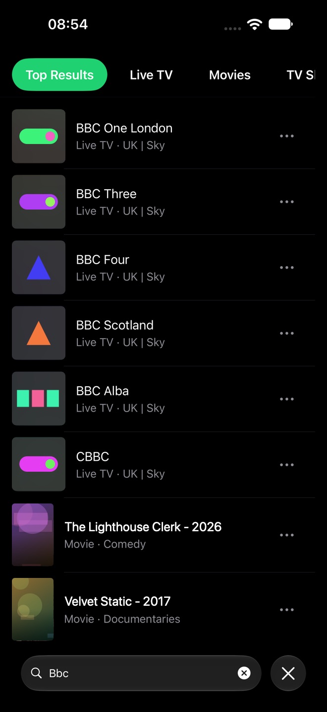Search results for bbc grouped by Top Results, Live TV, Movies, and TV Shows, with the search field at the bottom.