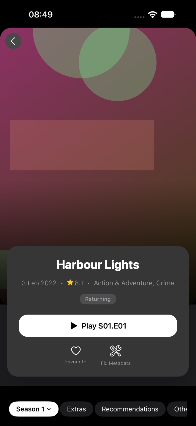 Series detail screen with title, rating, genres, Play button, Favourite and Fix Metadata, and season tabs.