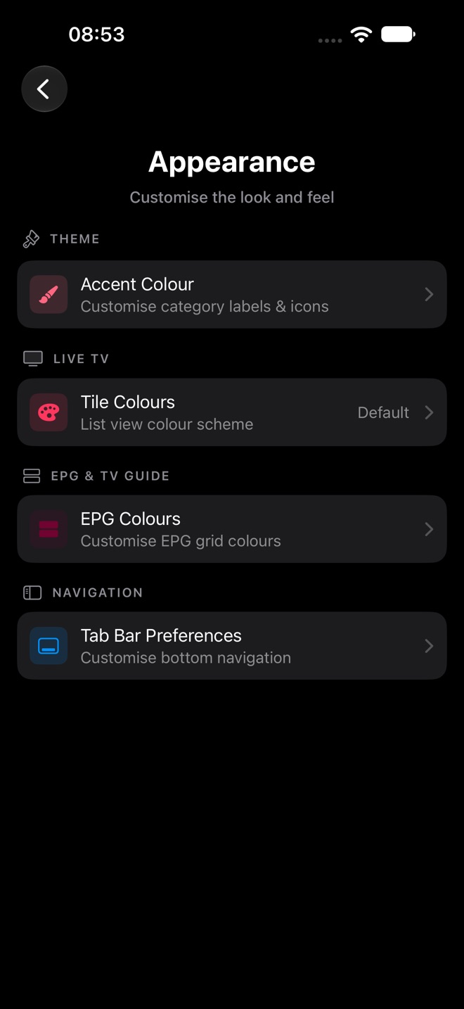 Appearance settings with Accent Colour, Tile Colours, EPG Colours, and Tab Bar Preferences.