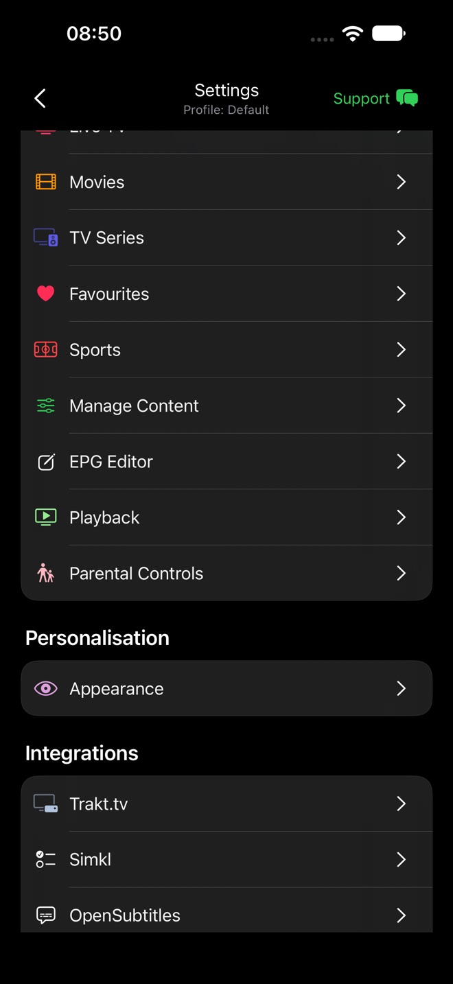 Settings Content and Playback group with Live TV, Movies, TV Series, Favourites, Sports, Manage Content, EPG Editor, Playback, and Parental Controls.