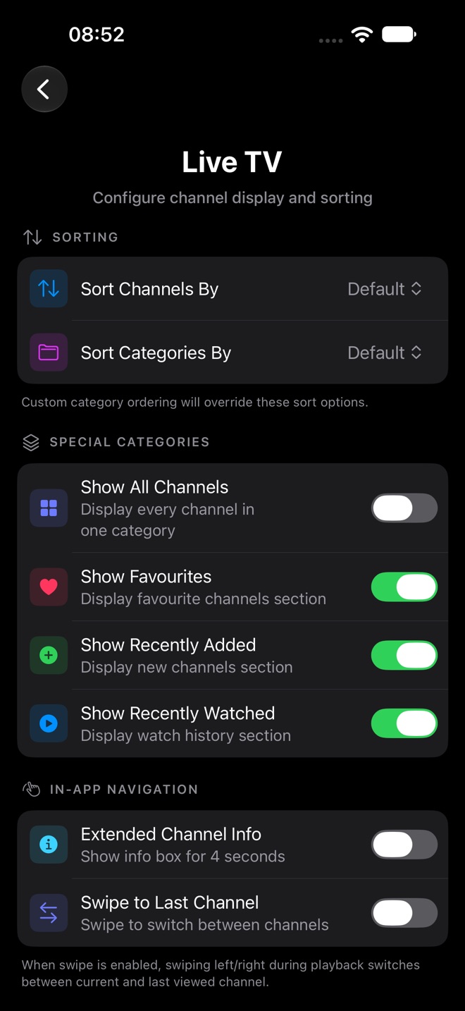 Live TV settings with Sorting, Special Categories, and In-App Navigation.