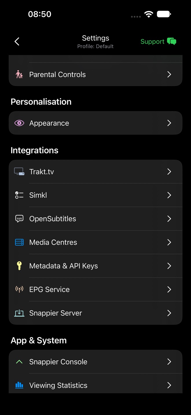 Settings scrolled to Parental Controls, Personalisation, Integrations, and App and System.