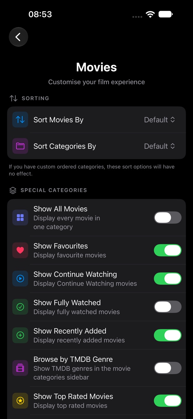 Movies settings with Sorting and Special Categories.
