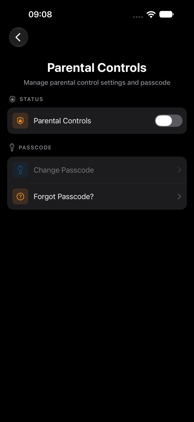 Parental Controls settings with a status toggle, Change Passcode, and Forgot Passcode.