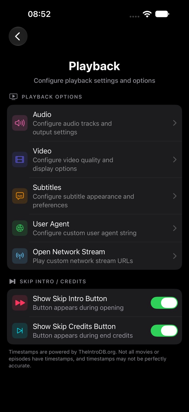 Playback settings with Audio, Video, Subtitles, User Agent, Open Network Stream, and skip button toggles.