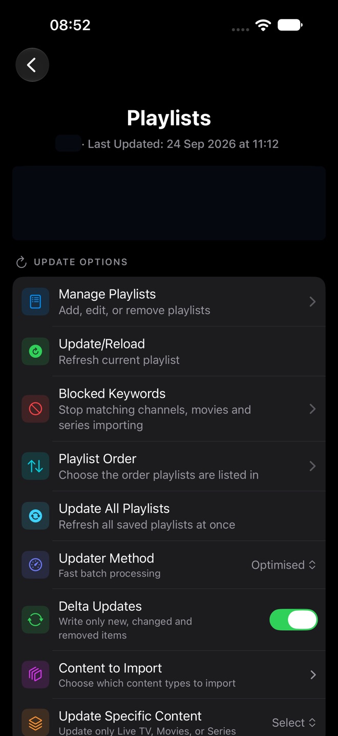 Playlists settings with update options, Blocked Keywords, Playlist Order, Delta Updates, and content options.