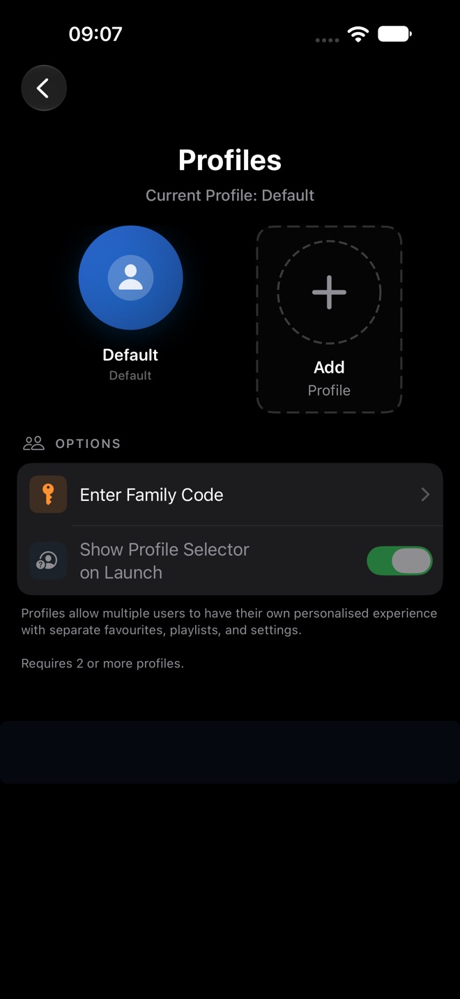 Profiles settings with the Default profile, an Add Profile tile, Enter Family Code, and Show Profile Selector on Launch.