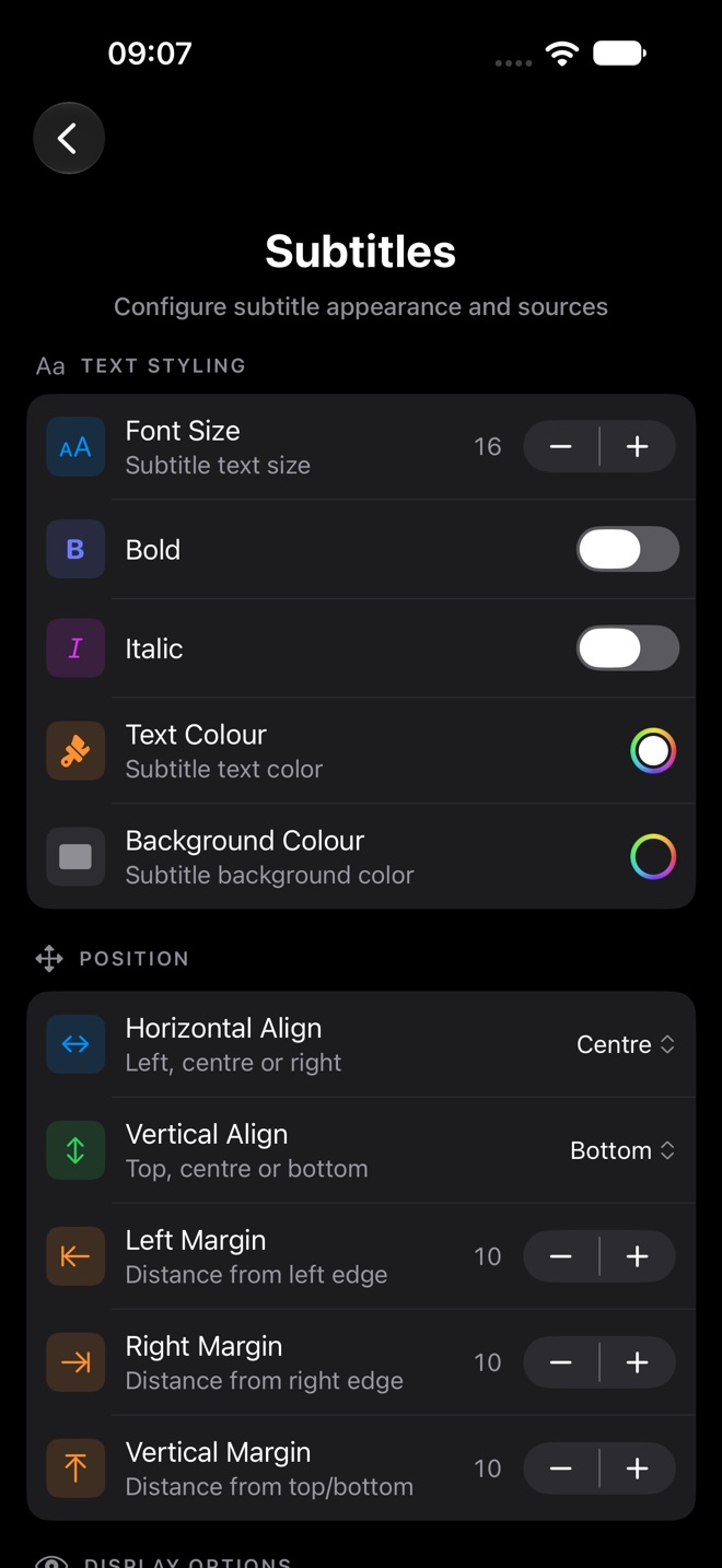 Subtitles settings with text styling and position options.