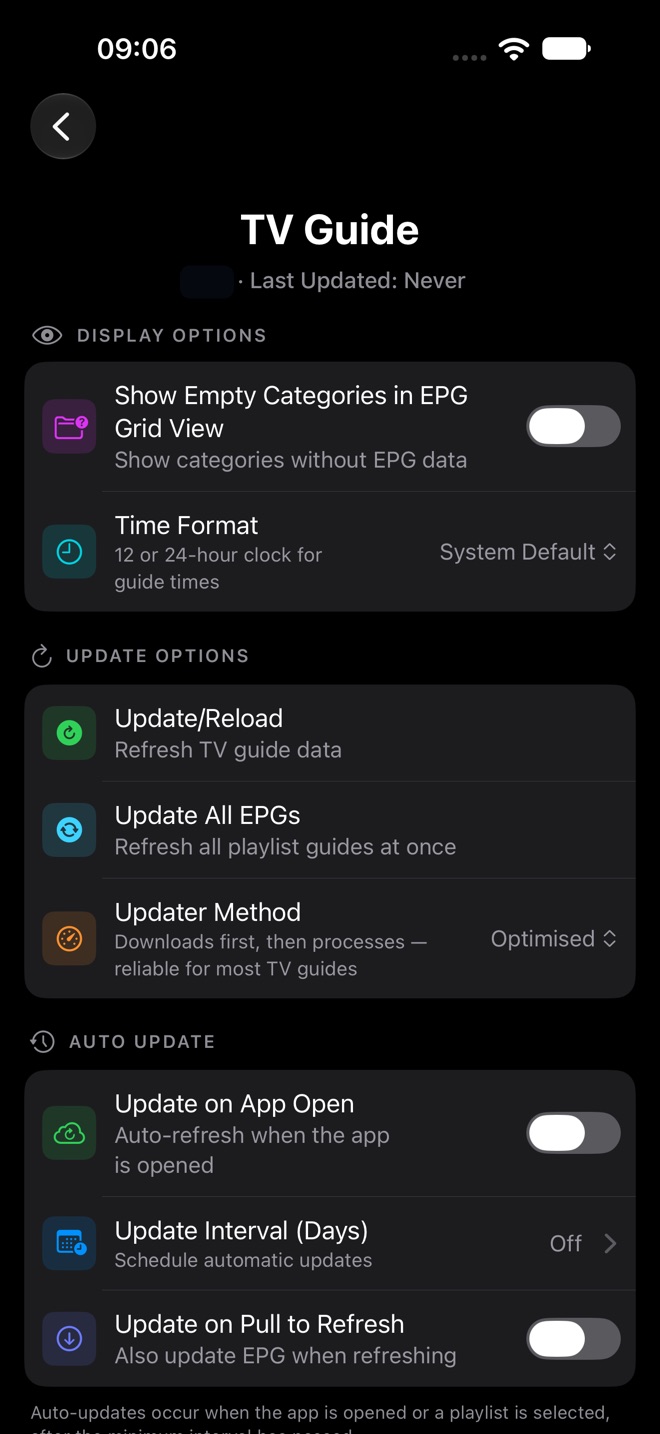 TV Guide settings with display options, update options, and auto update.