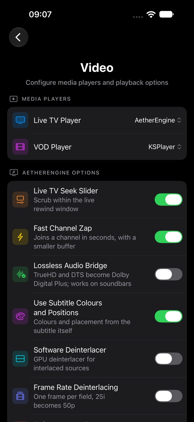 Video settings with Live TV Player and VOD Player, and AetherEngine options.